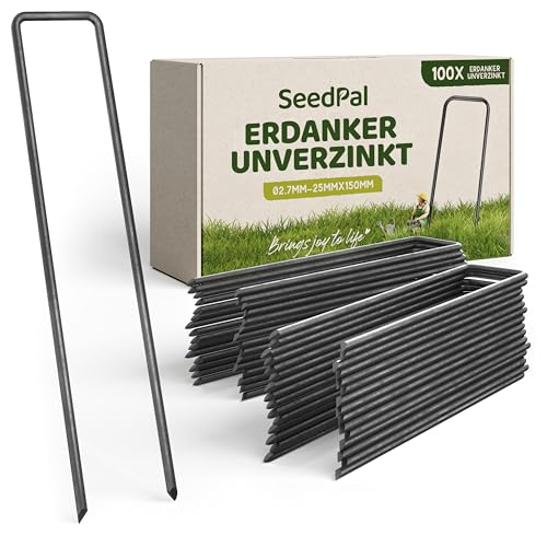 SeedPal Erdanker Bodenanker Unverzinkt - 100 Stück - Heringe Erdnägel stabil, Erdanker Unkrautvlies, Zaun & Zelt - 150mm*25mm*Ø2.7mm - Erdnägel/Bodenhaken aus Stahl - Bodenverankerung von SeedPal