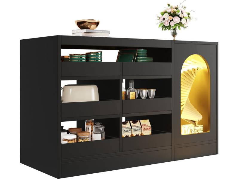 SeedWave Anrichte Vielseitig LED Sideboard mit 2/3 Glastischplatte, 6 Schubladen, 1 Fach, Verstellbare Lichtfarbe, Ausgehöhlte Scharniertür, Kippschutz-Set von SeedWave
