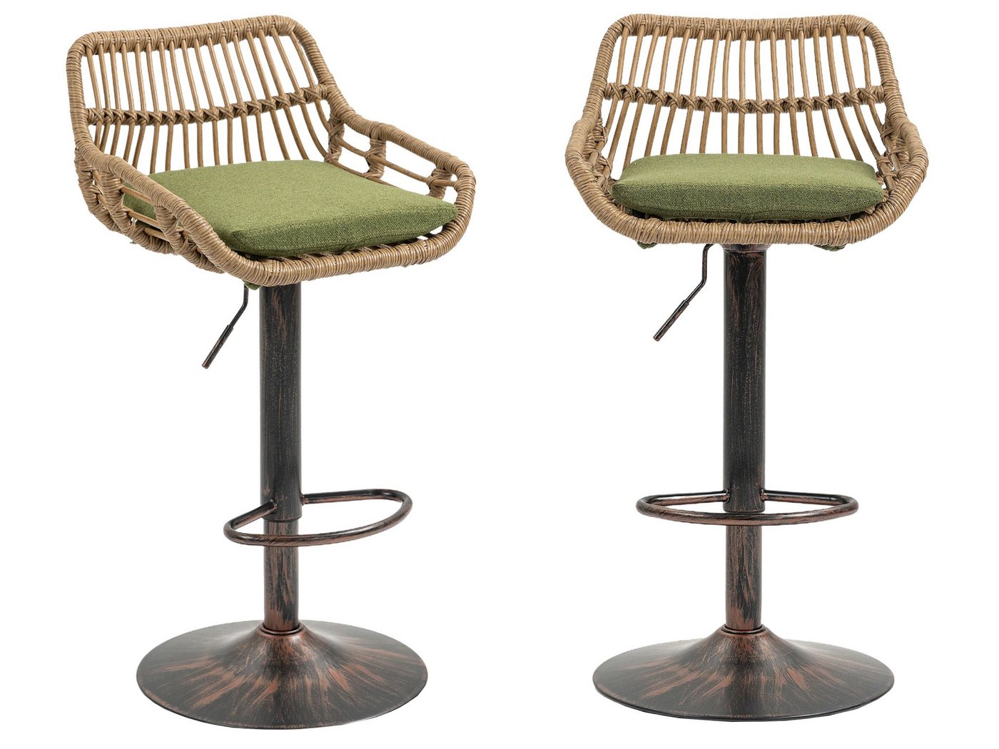 SeedWave Barhocker mit Goldbasis, höhenverstellbar (89-109 cm), 360° Schwenkmechanismus, 2 er Set, Leinenstoff, PE-Rattan, robuster Stahlrahmen von SeedWave