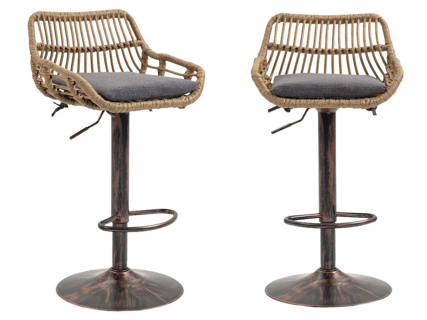 SeedWave Barhocker mit Goldbasis, höhenverstellbar (89-109 cm), 360° Schwenkmechanismus, 2 er Set, Leinenstoff, PE-Rattan, robuster Stahlrahmen von SeedWave