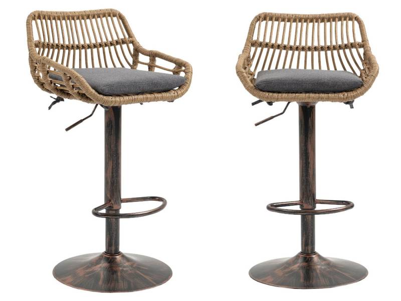 SeedWave Barhocker mit Goldbasis, höhenverstellbar (89-109 cm), 360° Schwenkmechanismus, 2 er Set, Leinenstoff, PE-Rattan, robuster Stahlrahmen von SeedWave