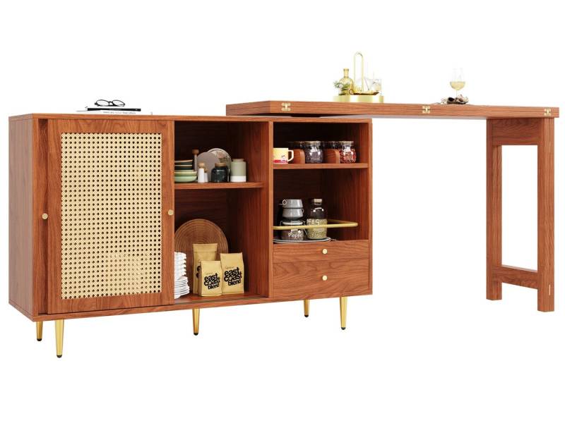 SeedWave Bartisch mit 360° drehbarer ausziehbarer Tischplatte, PE-Rattan-Türen, multifunktionalem Stauraum, platzsparendem Design und natürlichem Stil von SeedWave