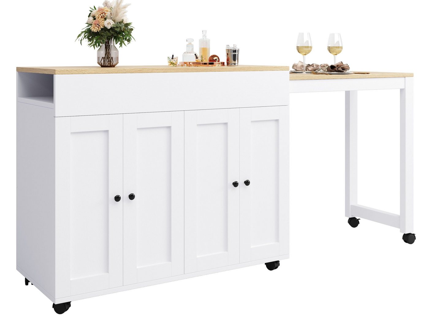 SeedWave Bartisch mit ausziehbarer Tischplatte, Doppeltürenschrank mit verstellbaren, Regalen,2-in-1 Kücheninsel & Bartisch,Sitzgelegenheit für 4-6 Personen von SeedWave