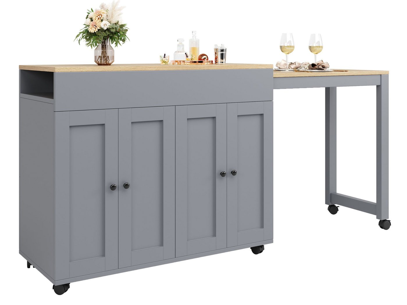 SeedWave Bartisch mit ausziehbarer Tischplatte, Doppeltürenschrank mit verstellbaren, Regalen,2-in-1 Kücheninsel & Bartisch,Sitzgelegenheit für 4-6 Personen von SeedWave