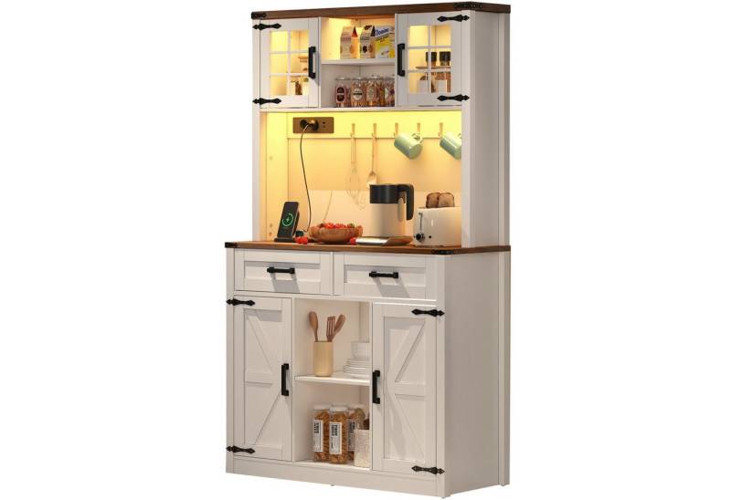 SeedWave Buffet LED Küchenschrank Küchenbuffet Kommode mit Arbeitsplatte, Stauraum Mit Steckdosen, Ladeanschlüssen, Schutzkipp-Set für Wandbefestigung von SeedWave