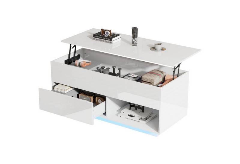 SeedWave Couchtisch LED Couchtisch, Sofatisch mit Höhenverstellbarer Platte, 1 Schublade, LED-Licht in 16 Farben mit 4 Flasch-Modi, Versteckte Ablagefächer von SeedWave