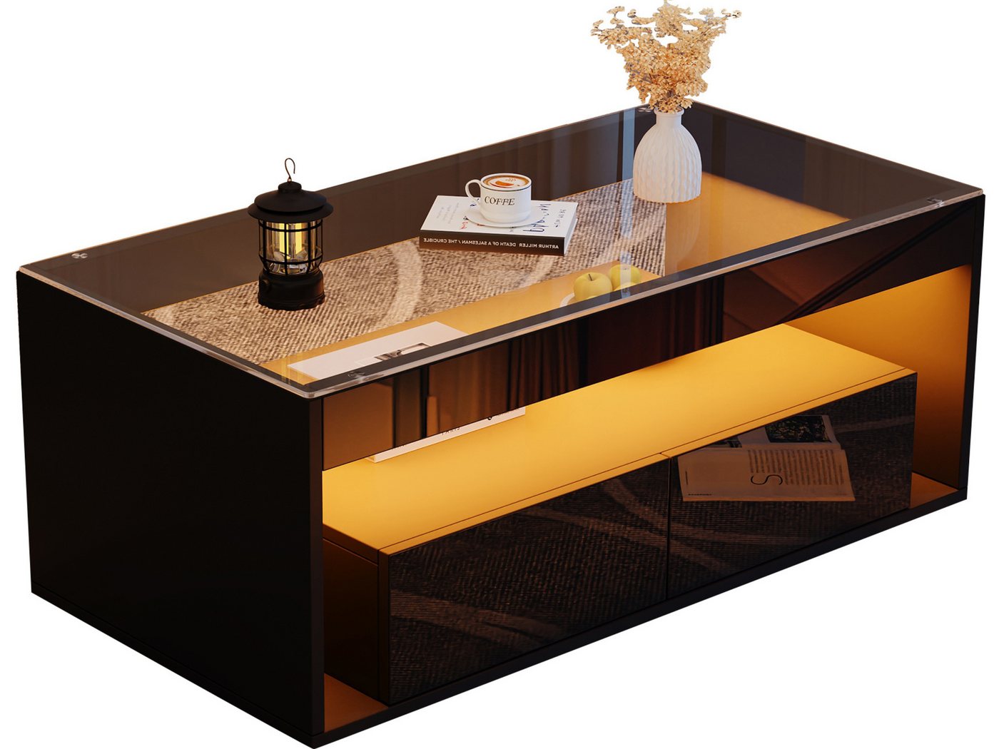 SeedWave Couchtisch Moderner Doppelstöckiger Stubentisch mit LED-Beleuchtung, Glasplatte, Mit 2 Schubladen, 1 Ablagefläche, 16 Farben und 4 Glitzer-Effekten SeedWave Couchtisch Moderner Doppelstöckiger Stubentisch mit LED-Beleuchtung, Glasplatte, Mit 2 Schubladen, 1 Ablagefläche, 16 Farben und 4 Glitzer-Effekten von SeedWave