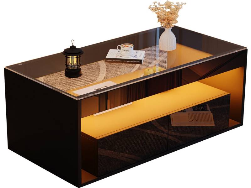 SeedWave Couchtisch Moderner Doppelstöckiger Stubentisch mit LED-Beleuchtung, Glasplatte, Mit 2 Schubladen, 1 Ablagefläche, 16 Farben und 4 Glitzer-Effekten von SeedWave