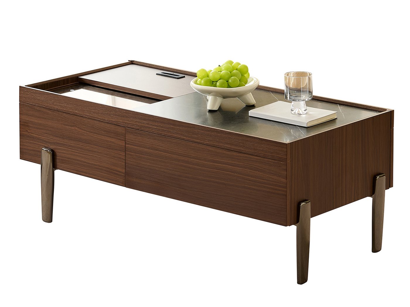 SeedWave Couchtisch Moderner Wohnzimmertisch, 2 Schubladen, 1 Korb mit Schiebeabdeckung, Sofatisch mit festem Glas, Metallfüßen in Silbergrau von SeedWave