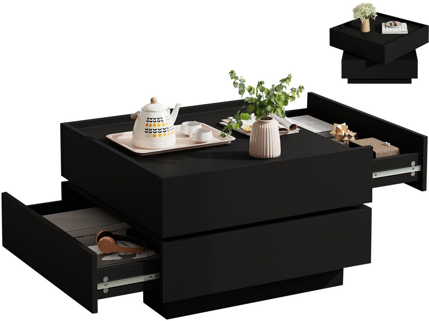 SeedWave Couchtisch Sofatisch, 360° Drehbare Ober-Tischplatte, 2 Grifflosen Schubladen, Erhöhte Seitenböden rund um Arbeitsplatte, Ohne Füße zum Stabilität von SeedWave