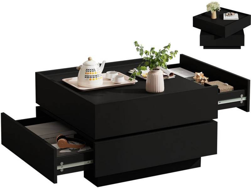 SeedWave Couchtisch Sofatisch, 360° Drehbare Ober-Tischplatte, 2 Grifflosen Schubladen, Erhöhte Seitenböden rund um Arbeitsplatte, Ohne Füße zum Stabilität von SeedWave