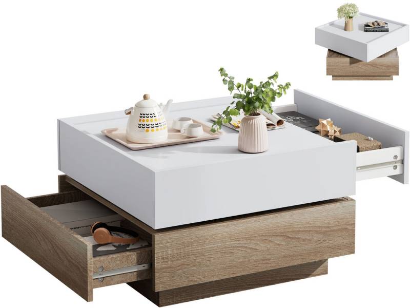 SeedWave Couchtisch Sofatisch, 360° Drehbare Ober-Tischplatte, 2 Grifflosen Schubladen, Erhöhte Seitenböden rund um Arbeitsplatte, Ohne Füße zum Stabilität von SeedWave