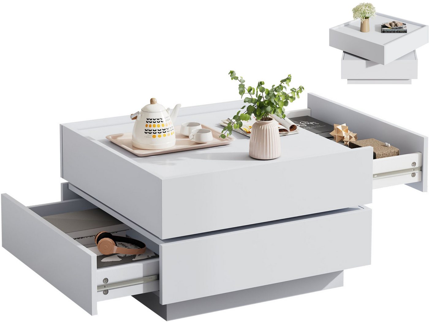 SeedWave Couchtisch Sofatisch, 360° Drehbare Ober-Tischplatte, 2 Grifflosen Schubladen, Erhöhte Seitenböden rund um Arbeitsplatte, Ohne Füße zum Stabilität von SeedWave