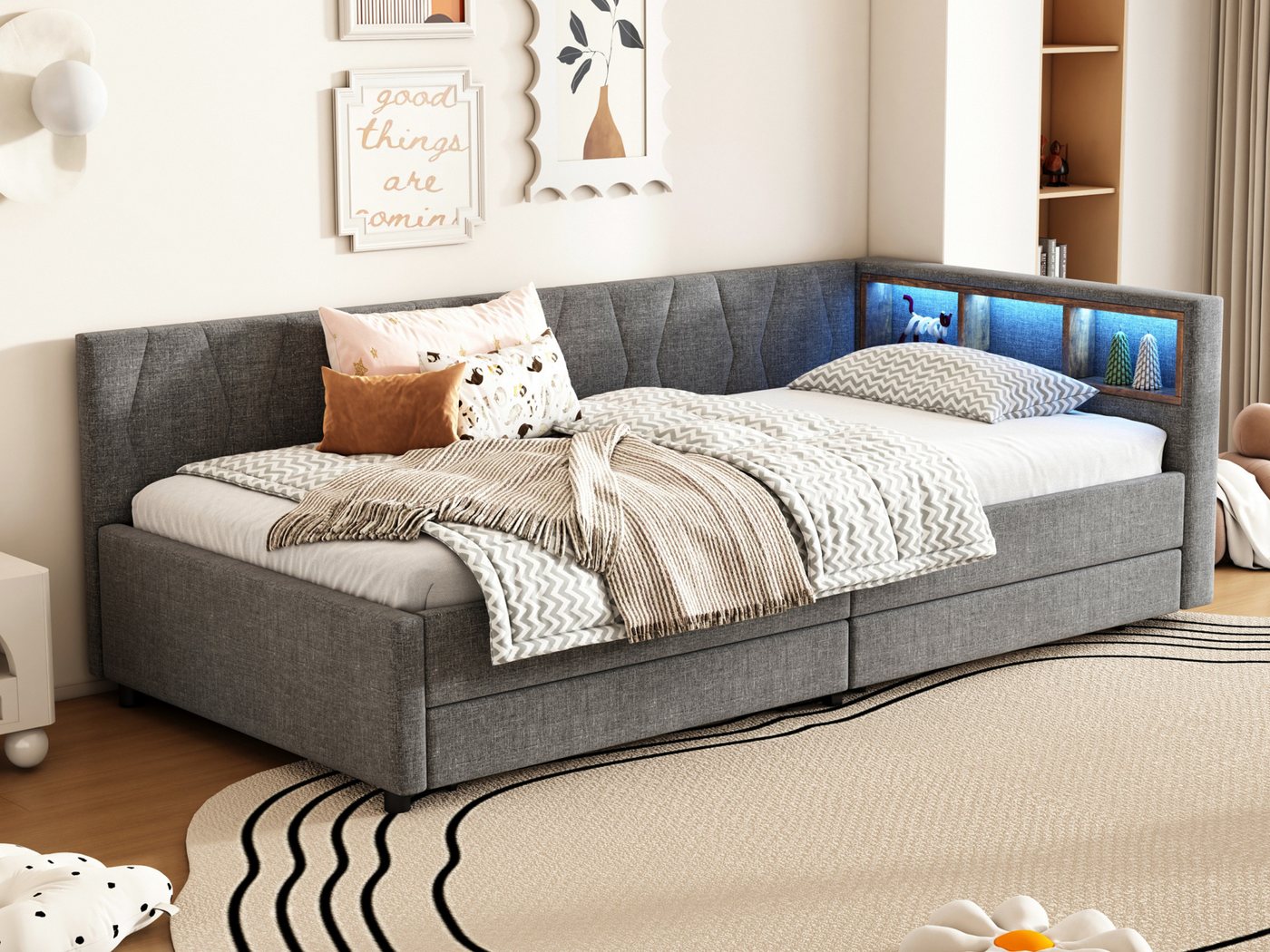 SeedWave Daybett Leinen Polsterbett Tagesbett mit LED-Licht, Integriertem Ladeanschluss, Schlafsofa mit Schubladen und Regalfächern 90x200cm SeedWave Daybett Leinen Polsterbett Tagesbett mit LED-Licht, Integriertem Ladeanschluss, Schlafsofa mit Schubladen und Regalfächern 90x200cm von SeedWave