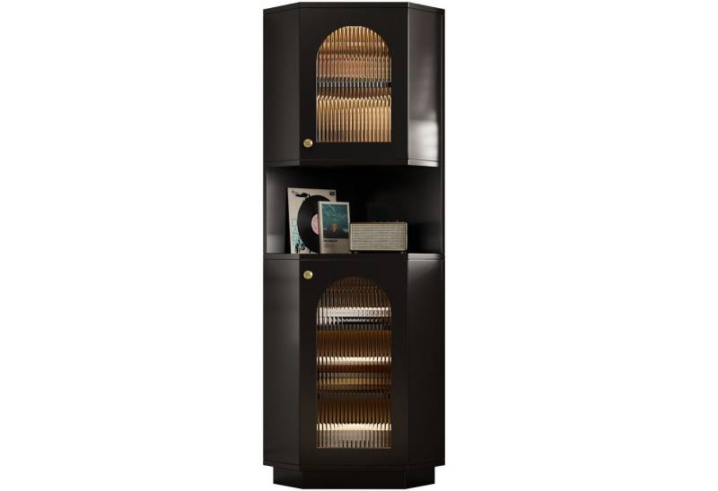 SeedWave Eckschrank Dreieckförmige Glasvitrine Mehrzweck Hochschrank mit Lichtstreifen Stauschrank mit verstellbaren Einlegenbodens von SeedWave