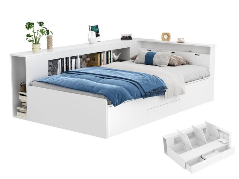 SeedWave Einzelbett Holz-Kinderbett mit Stauraum, Kopfteilschublade und Einbauschrank, Jugendbett mit Stauraum unterdembett,90 x 200cm,weißes Einzelbett SeedWave Einzelbett Holz-Kinderbett mit Stauraum, Kopfteilschublade und Einbauschrank, Jugendbett mit Stauraum unterdembett,90 x 200cm,weißes Einzelbett von SeedWave