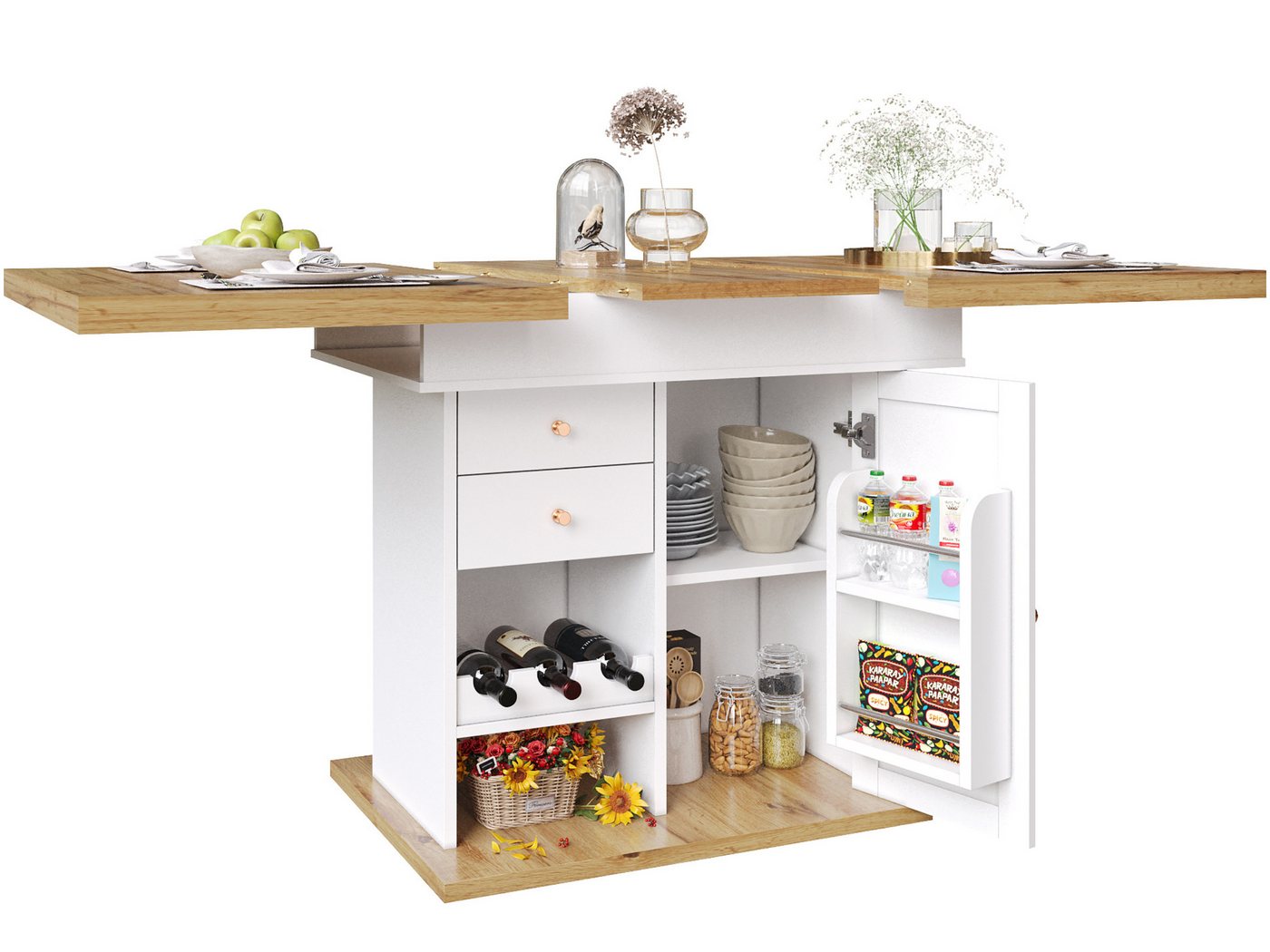 SeedWave Esstisch Ausziehbarer Küchentisch mit 1 Weinregal, 1 Schubladen, Viel Stauraum, Säulentisch mit 1 verstellbarem Einlegeboden, Abnehmbarer Platte von SeedWave