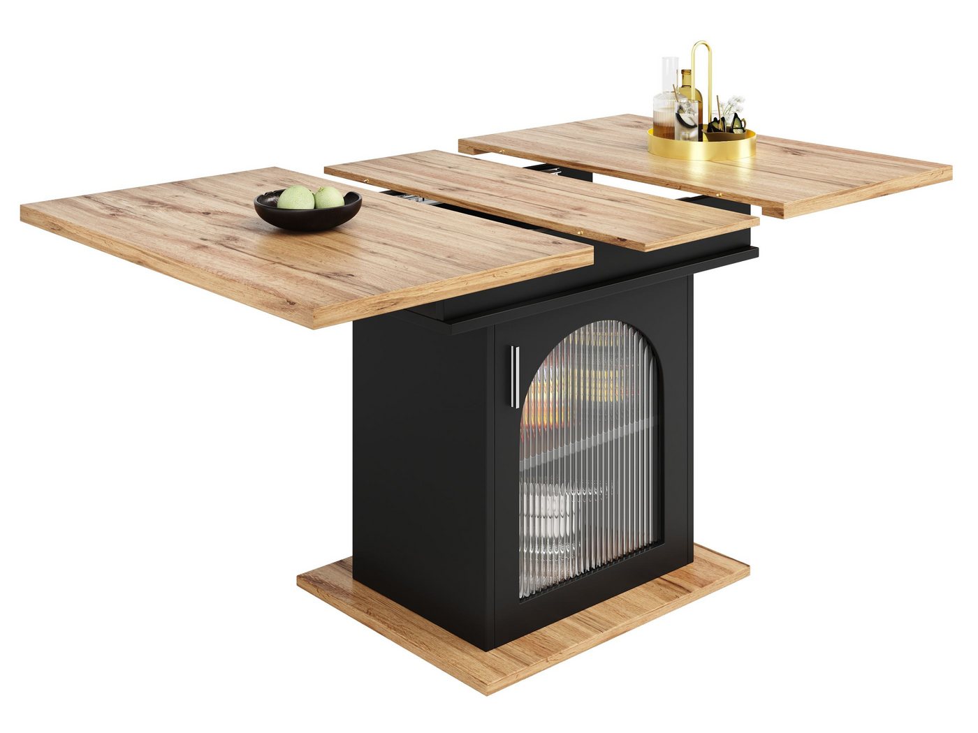 SeedWave Esstisch mit Stauraum, Erweiterbar von 110-140 cm, Ideal für kleinere Räume, Verstellbare Regale, Geriffelte Glastüren, Moderner Stil, 4-8 Personen von SeedWave