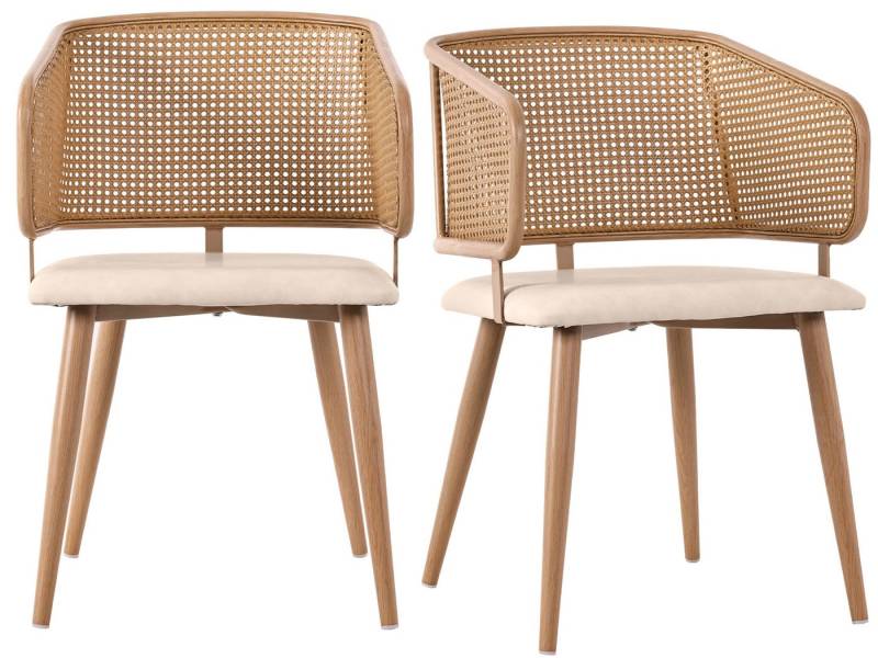 SeedWave Esszimmerstuhl Ergonomische Rattan-Diningstühle mit Armlehnen, Set aus 2, PE-Imitationsrattan, PU-Lederkissen, rutschfeste Bodenschutzpads von SeedWave