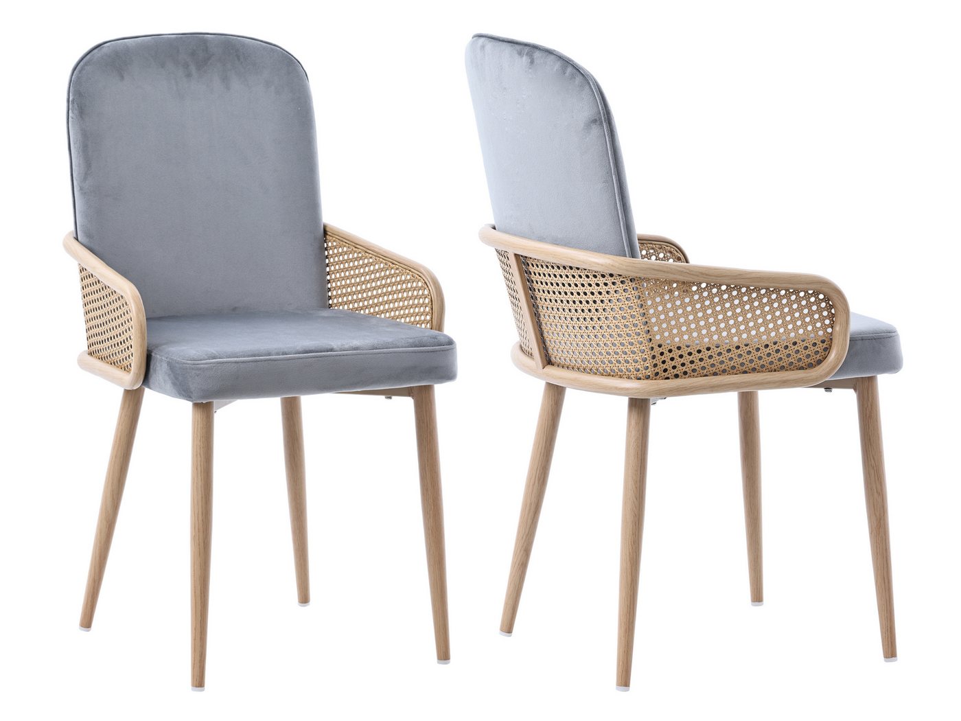 SeedWave Esszimmerstuhl Samt Esszimmerstuhl mit Rattan Armlehnen, grau Gepolsterter Sessel (2er set / 4er set), Korbstuhl für Esszimmer von SeedWave
