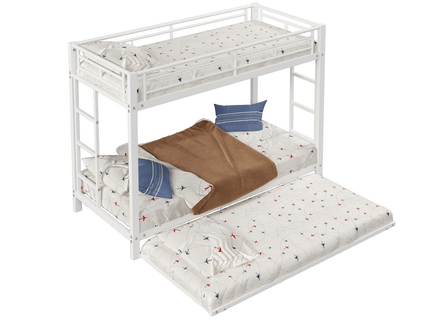 SeedWave Etagenbett Modernes Metallbett mit 3 Liegeflächen, 2 Dreistufigen Leitern, Ein ausziehbares Gästbett (90×190cm) mit Rollen von SeedWave