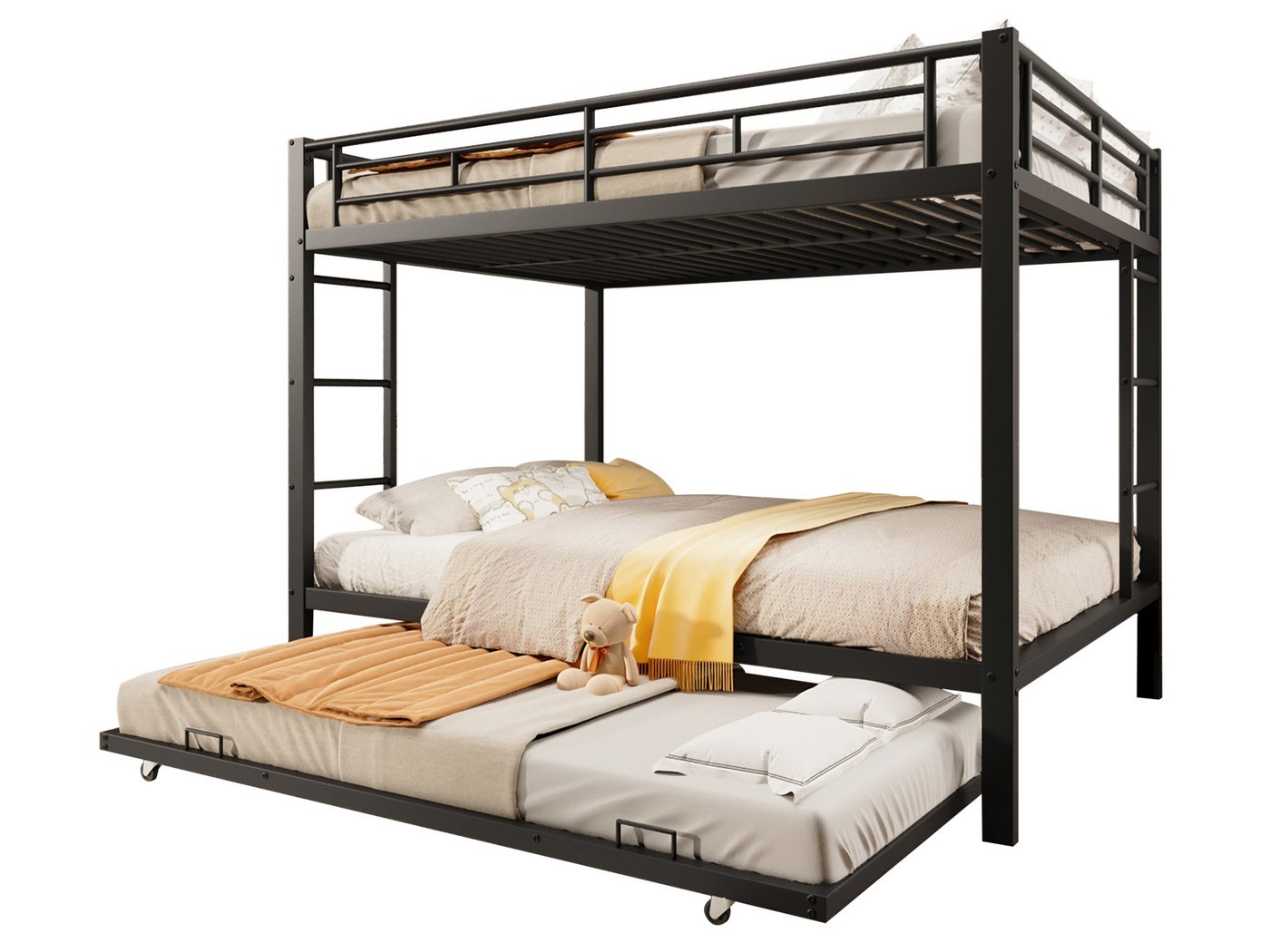 SeedWave Etagenbett Modernes Metallbett mit 3 Liegeflächen, 2 Dreistufigen Leitern, Ein ausziehbares Gästbett (90×190cm) mit Rollen von SeedWave