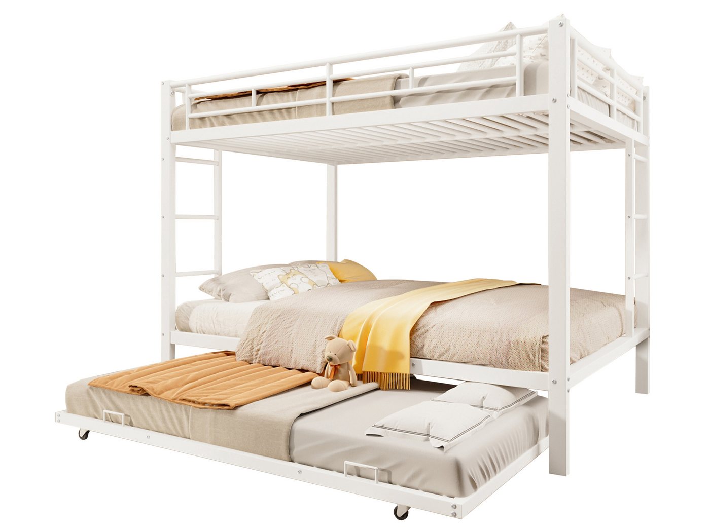 SeedWave Etagenbett Modernes Metallbett mit 3 Liegeflächen, 2 Dreistufigen Leitern, Ein ausziehbares Gästbett (90×190cm) mit Rollen von SeedWave