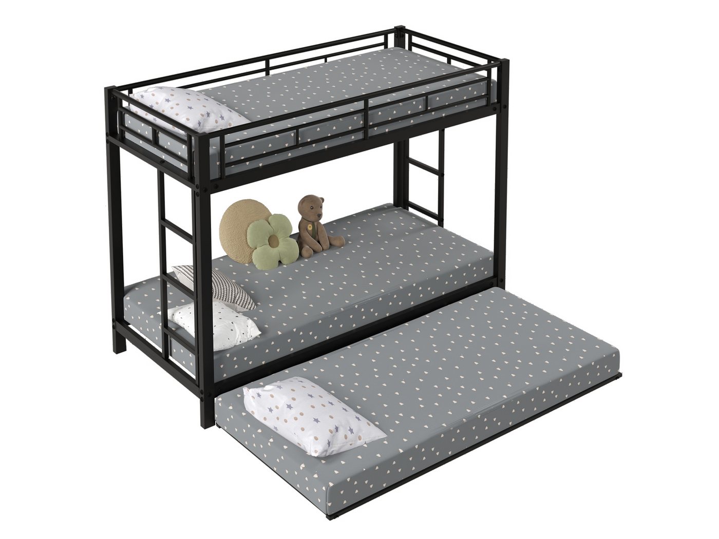 SeedWave Etagenbett Modernes Metallbett mit 3 Liegeflächen, 2 Dreistufigen Leitern, Ein ausziehbares Gästbett (90×190cm) mit Rollen von SeedWave