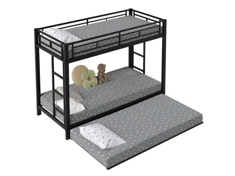 SeedWave Etagenbett Modernes Metallbett mit 3 Liegeflächen, 2 Dreistufigen Leitern, Ein ausziehbares Gästbett (90×190cm) mit Rollen von SeedWave