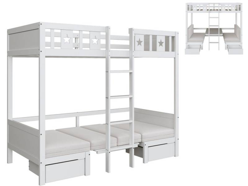 SeedWave Etagenbett Multifunktionales Etagenbett mit Unterbett/Schreibtisch und Bänken, Mit Kissen selbst gepolstert, Schubladen mit Rädern von SeedWave