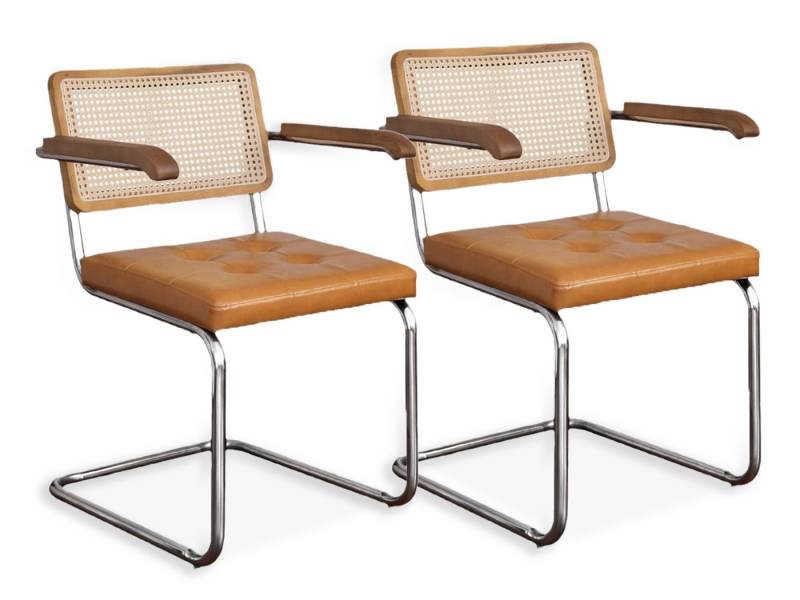 SeedWave Freischwinger 2er Set Esszimmerstühle mit Massivholz-Armlehnen, Rattan Rückenlehne, PU-Leder Rattanstuhl, Chrom Beine mit rutschfesten Pads von SeedWave