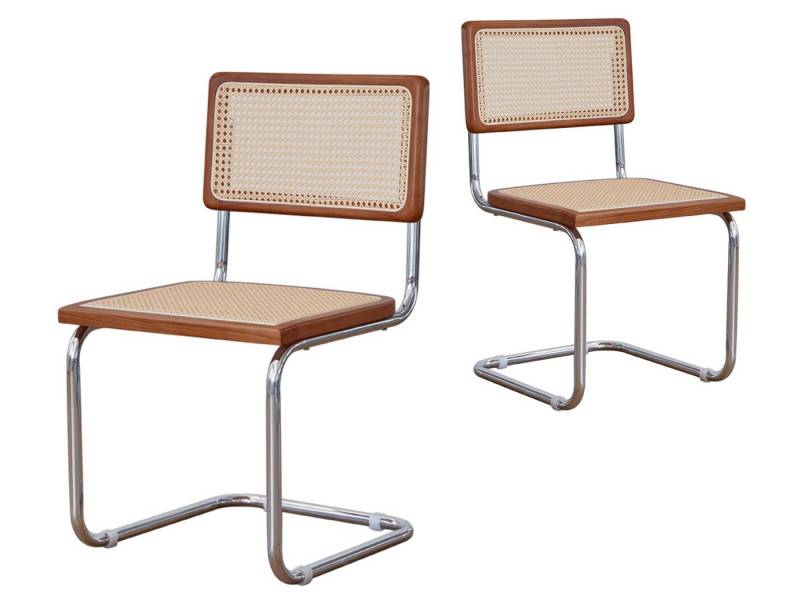 SeedWave Freischwinger 2er-Set Retro Esszimmerstühle im Moderne Retro mit Rohrgeflecht, Cantilever Chair mit Walnussholz-Rahmen & Rattan-Sitz von SeedWave