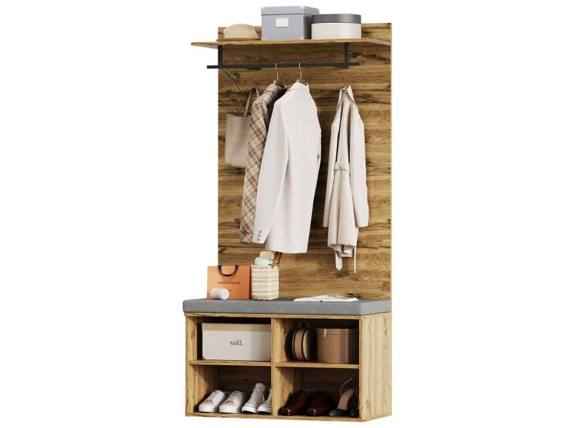 SeedWave Garderobe 5-in-1 Multifunktionaler Garderobenschrank mit Bank, Kleiderhaken, Offenen Staufächern, Moderner Holzoptik, 175 cm Höhe von SeedWave