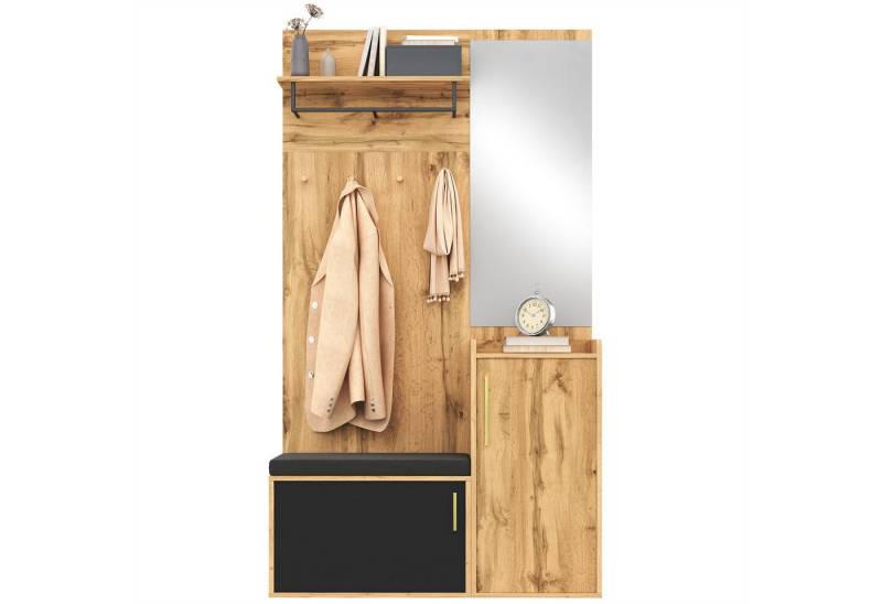 SeedWave Garderobe Garderobeset, Garderobepaneel mit Regal, Haken, Spiegel, Schuhschrank, Sitzkissen inklusive, Schuhfächer mit 3 höhenverstellbaren Böden von SeedWave