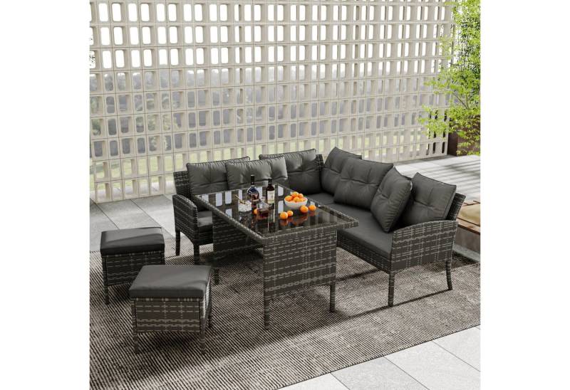 SeedWave Gartenlounge-Set Outdoor Polyrattan Gartenmöbel 5 Set mit Couchtisch, Hocker, Sofa, Ecksofa Design, Anti-UV, Gehärtetem Glas Couchtisch, Boho-Stil von SeedWave