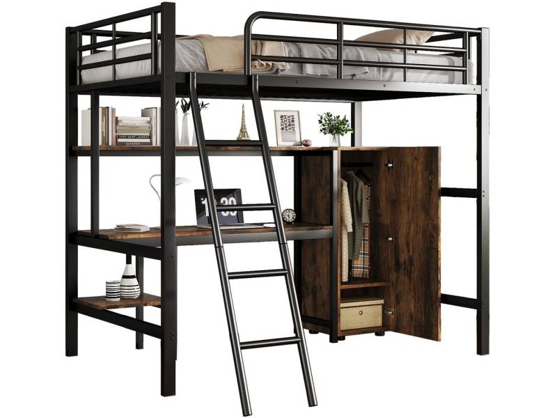 SeedWave Hochbett Allzweck Kindbett mit Schreibtisch, Kleiderschrank, Regalen, 90×200cm Eisenbett mit Kippschutz-Set, schräge Leiter mit 4 Stufen von SeedWave