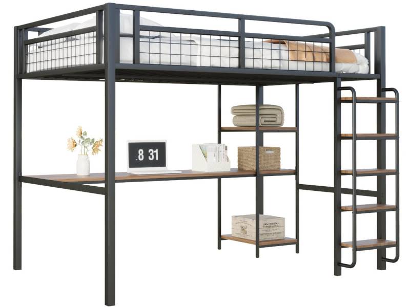 SeedWave Hochbett Metall Hochbett mit 3 Ablagen, Schreibtisch, 90x200cm / 140 × 200 cm 5 Stufige Leiter mit seitigen Griffen, Schutzgländer von SeedWave