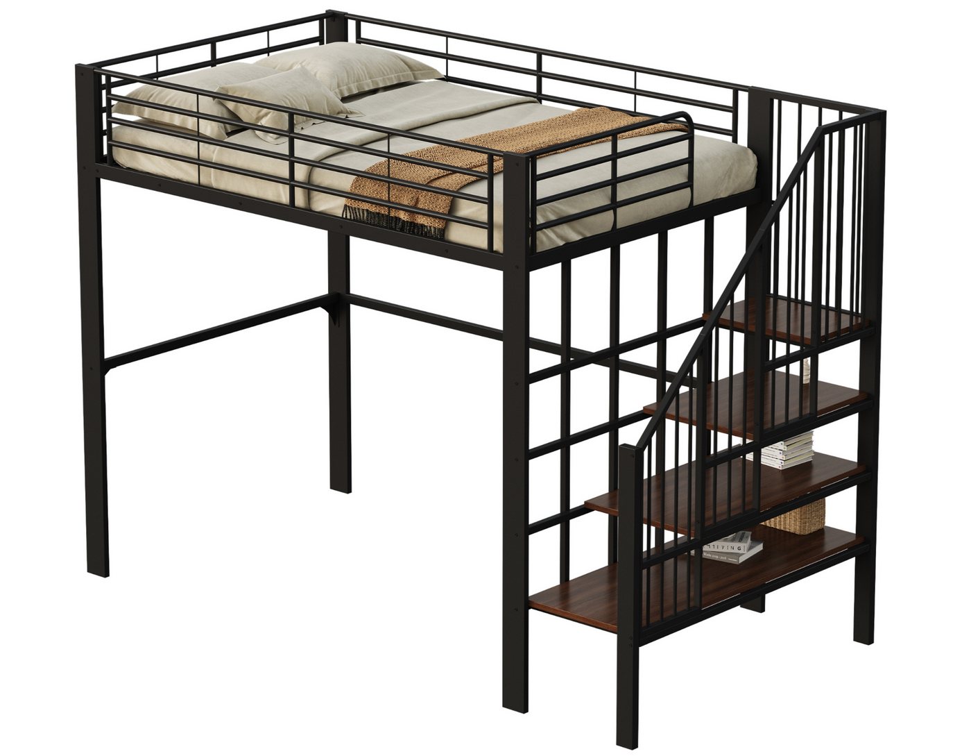 SeedWave Hochbett Metallbett mit Stauraumtreppe und Metallbettgestell, 140 x 200 cm Doppelbett Kinderbett für Kinder und Jugendliche von SeedWave