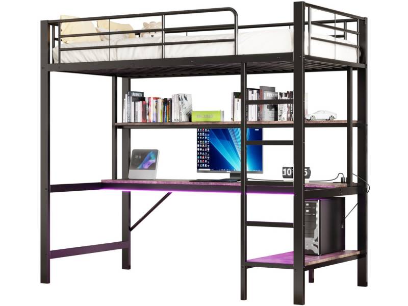 SeedWave Hochbett Vielseitige LED Hochbett Einzelbett mit Schreibtisch, 90/140 x 200cm Mit 2 Regalen, 5-Stufige vertikale Leiter von SeedWave