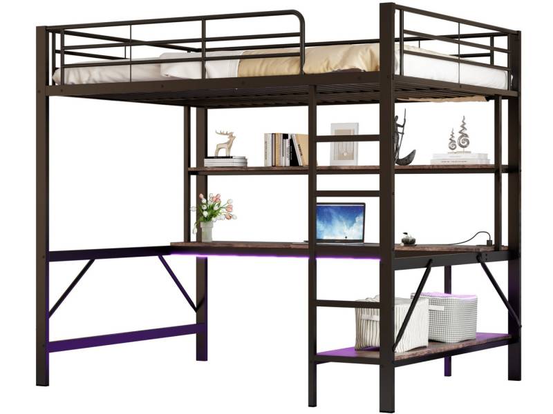 SeedWave Hochbett Vielseitige LED Hochbett Einzelbett mit Schreibtisch, 90/140 x 200cm Mit 2 Regalen, 5-Stufige vertikale Leiter von SeedWave