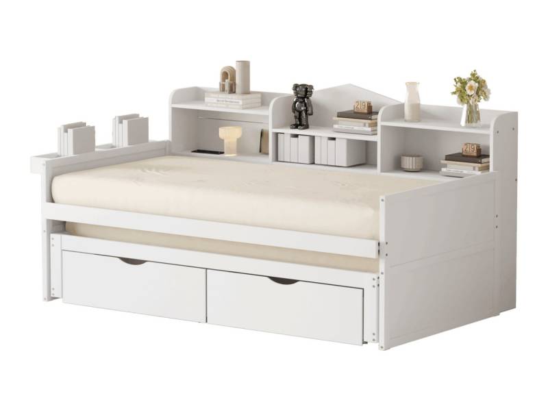 SeedWave Holzbett Ausziehbar Holzbett mit Stauraumschublade und Ladeanschluss, Stauraumschublade mit mehreren Regalen 90x190/200 cm von SeedWave