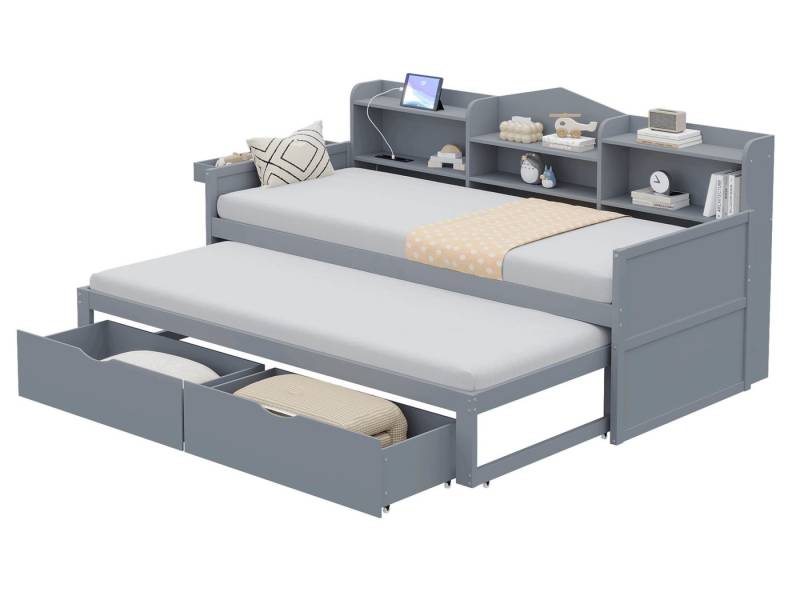 SeedWave Holzbett Ausziehbar Holzbett mit Stauraumschublade und Ladeanschluss, Stauraumschublade mit mehreren Regalen 90x190/200 cm von SeedWave