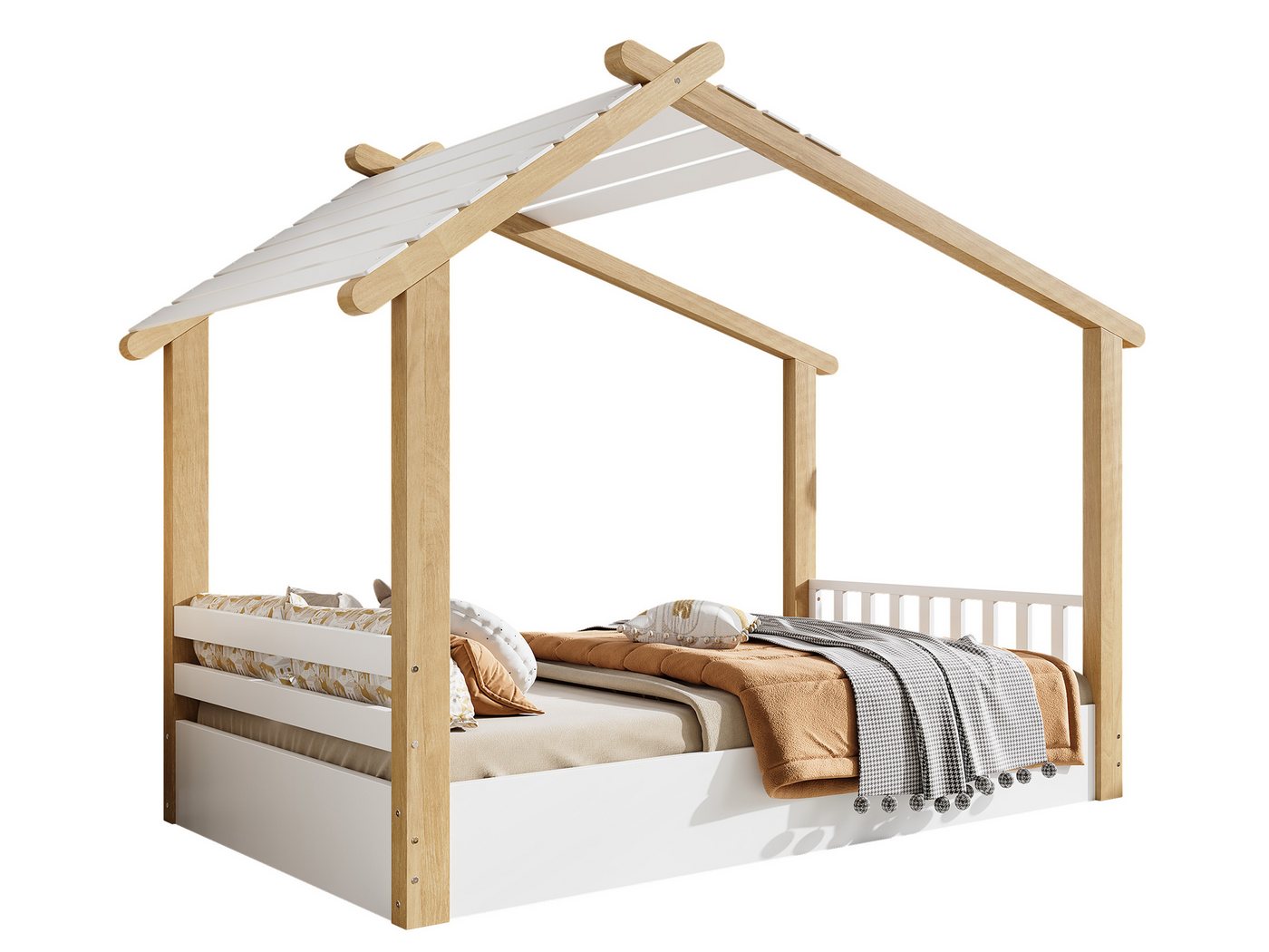 SeedWave Holzbett Hausförmiges Kinderbett mit 1 Liegefläche, Erhöhte Bretter, 90×200cm, Bodenbett mit dekorativem Dach SeedWave Holzbett Hausförmiges Kinderbett mit 1 Liegefläche, Erhöhte Bretter, 90×200cm, Bodenbett mit dekorativem Dach von SeedWave
