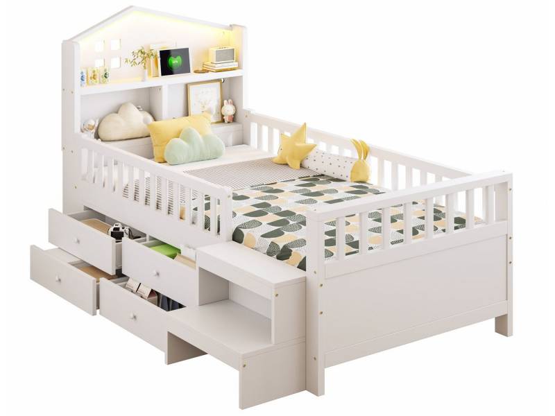 SeedWave Holzbett Kinderbett mit LED-Beleuchtung, Ladefunktion, Stauraum, 90×200cm, Hausförmiges Kopfteil, 2-stufige Treppe von SeedWave