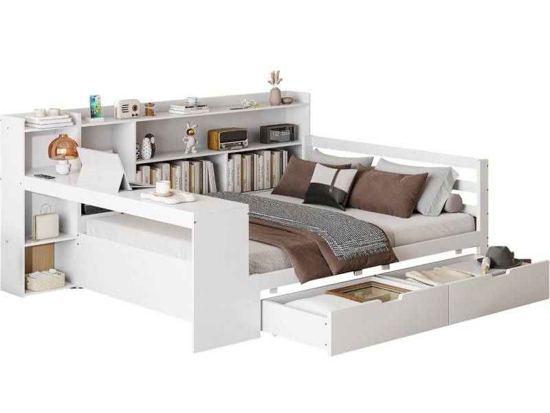 SeedWave Holzbett Mehrzweckmäßiges Stauraumbett Massivholz Schlafsofa 90×200cm/140×200cm, Arbeitstisch mit USB-Ladeanschlüsse und Steckerladeanschlüsse von SeedWave