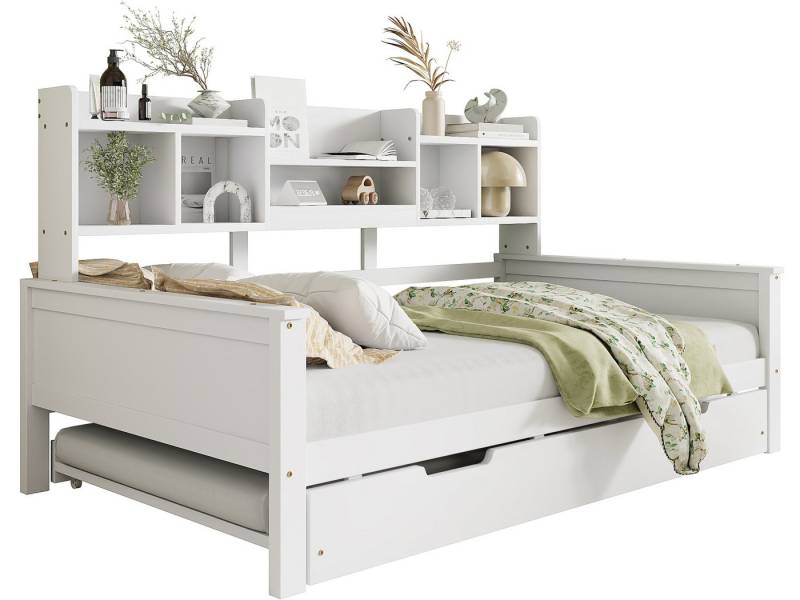 SeedWave Holzbett Modern Funktionbett Tagesbett mit 1 Ausziehbett, 90×200cm / 140×200cm, Mit 3 Ablagen und 5 offenen Fächern, Kopf und Fuß-brett SeedWave Holzbett Modern Funktionbett Tagesbett mit 1 Ausziehbett, 90×200cm / 140×200cm, Mit 3 Ablagen und 5 offenen Fächern, Kopf und Fuß-brett von SeedWave