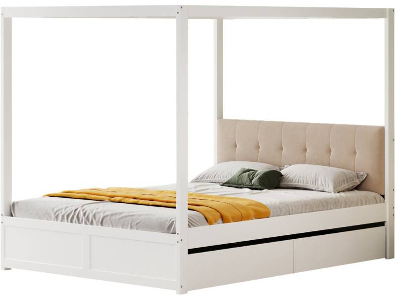 SeedWave Holzbett Modern Himmelbett Doppelbett mit Rückenlehne, 2 Schubladen, 140×200cm, Schubfächer ohne Griffe, mit Oberrahmen zum Aufhängen SeedWave Holzbett Modern Himmelbett Doppelbett mit Rückenlehne, 2 Schubladen, 140×200cm, Schubfächer ohne Griffe, mit Oberrahmen zum Aufhängen von SeedWave