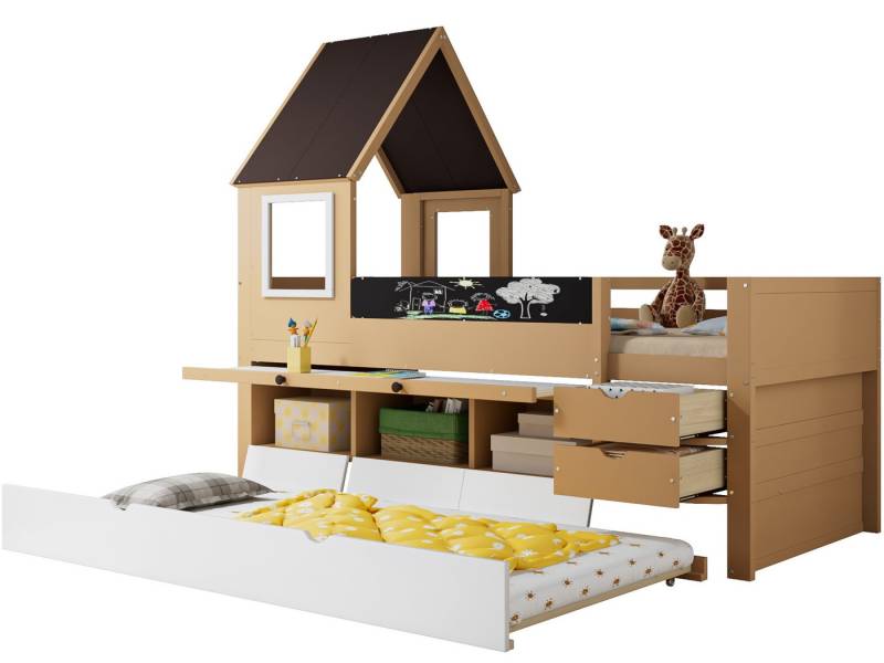 SeedWave Holzbett Multifunktionales Kinderbett Hausbett Funktionsbett mit 1 Ausziehbett, Das Funktionsbett mit Stautreppe, Ausziehbarem Schreibtisch, Tafel von SeedWave