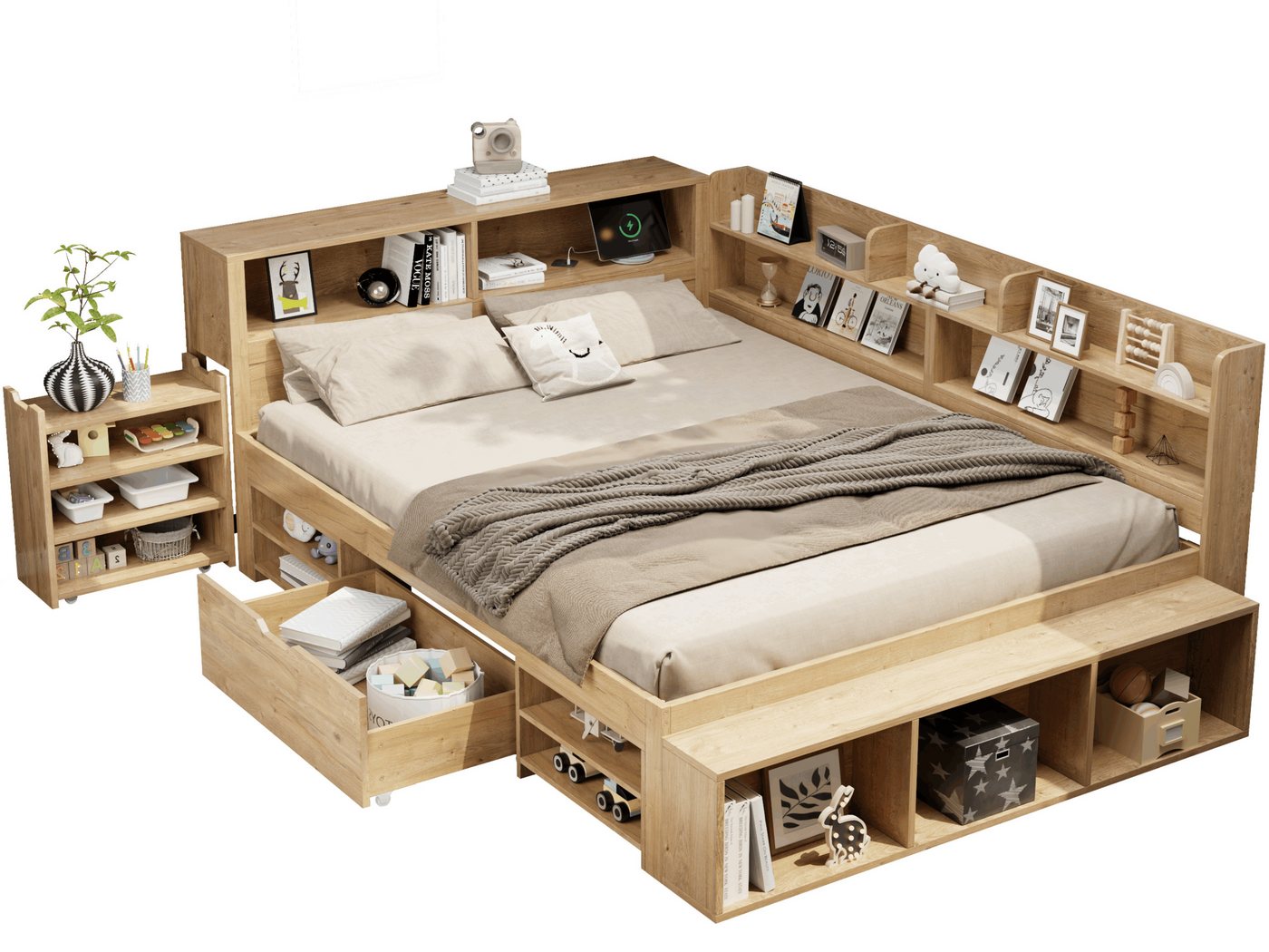 SeedWave Holzbett Tagesbett mit USB- / Kabelloser-Ladefunktion, Nachttisch, 90/140×200cm, Stauraumbett mit 1× Rollenschublade, Staufächern SeedWave Holzbett Tagesbett mit USB- / Kabelloser-Ladefunktion, Nachttisch, 90/140×200cm, Stauraumbett mit 1× Rollenschublade, Staufächern von SeedWave