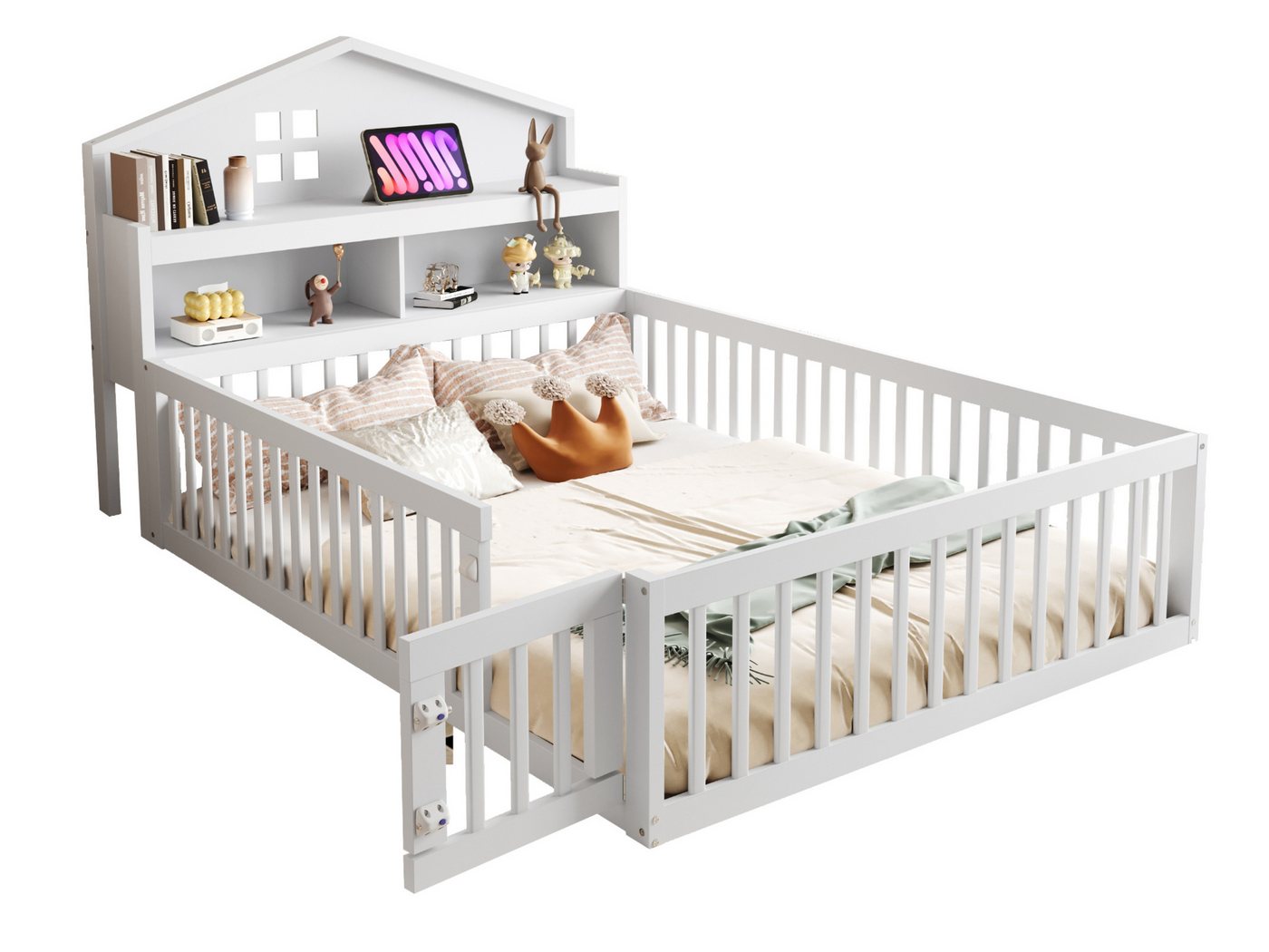 SeedWave Kinderbett Holzbett mit Kopfteil in Hausform und Tafel, 140 x 200 cm, Bodenständiges Kinderbett mit Zaun und Sicherheitsverschluss von SeedWave